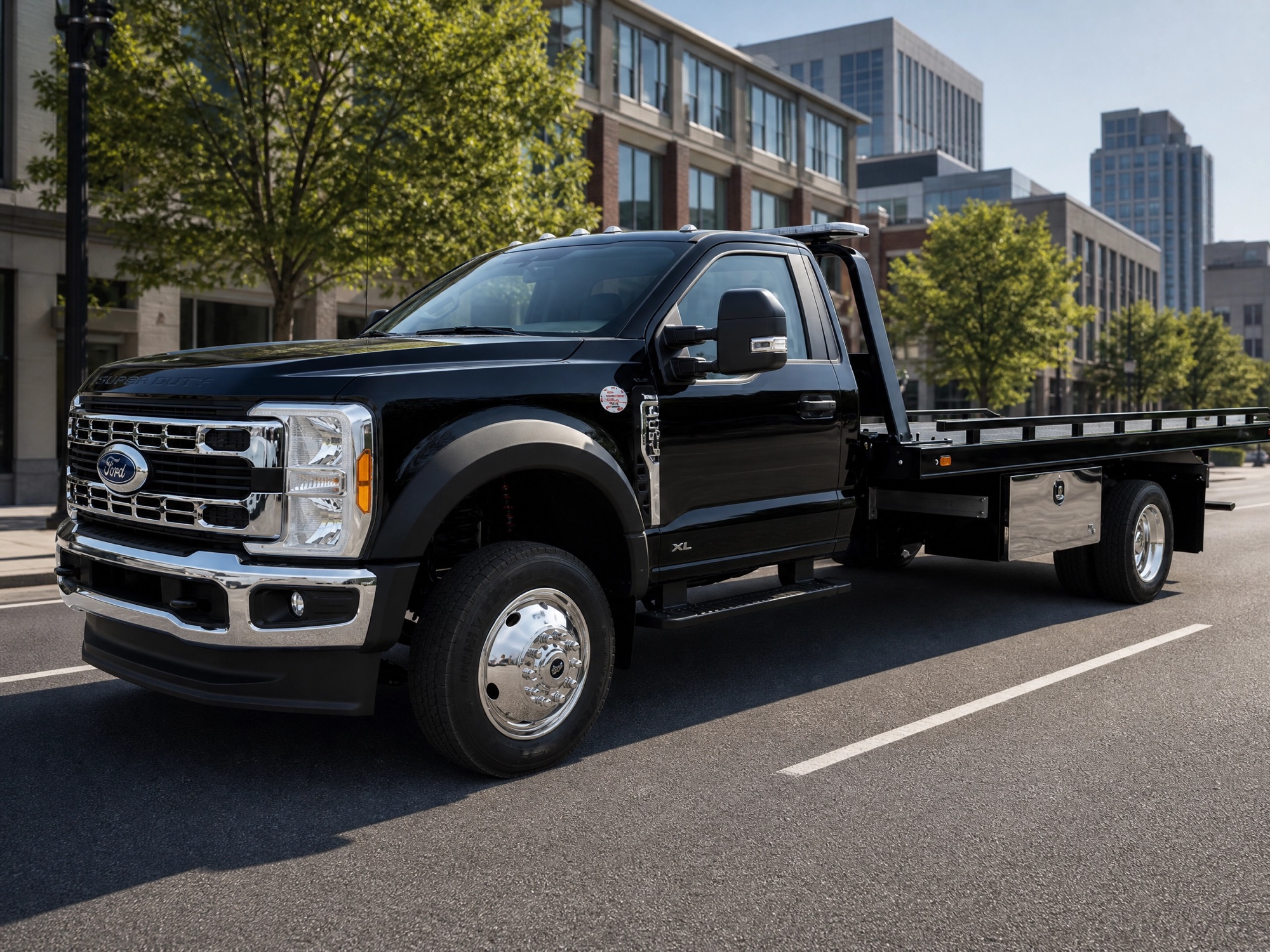Black Ford Super Duty flatbed tow truck on a downtown South Florida street